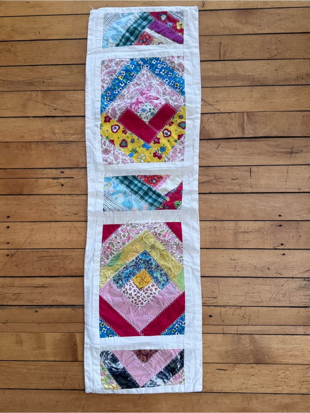 Patchwork Quilt Table Runner Bright Multicolor patchwork quilted 1970s 80s vtg